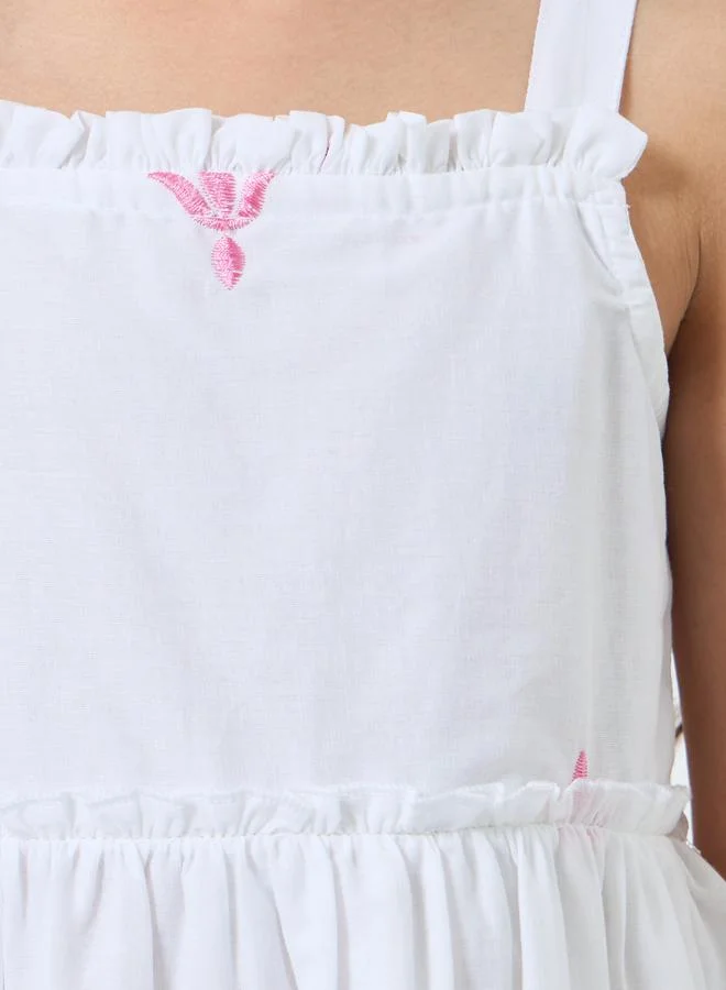 Styli Girls White Embroidered Hem Strappy A-Line Dress